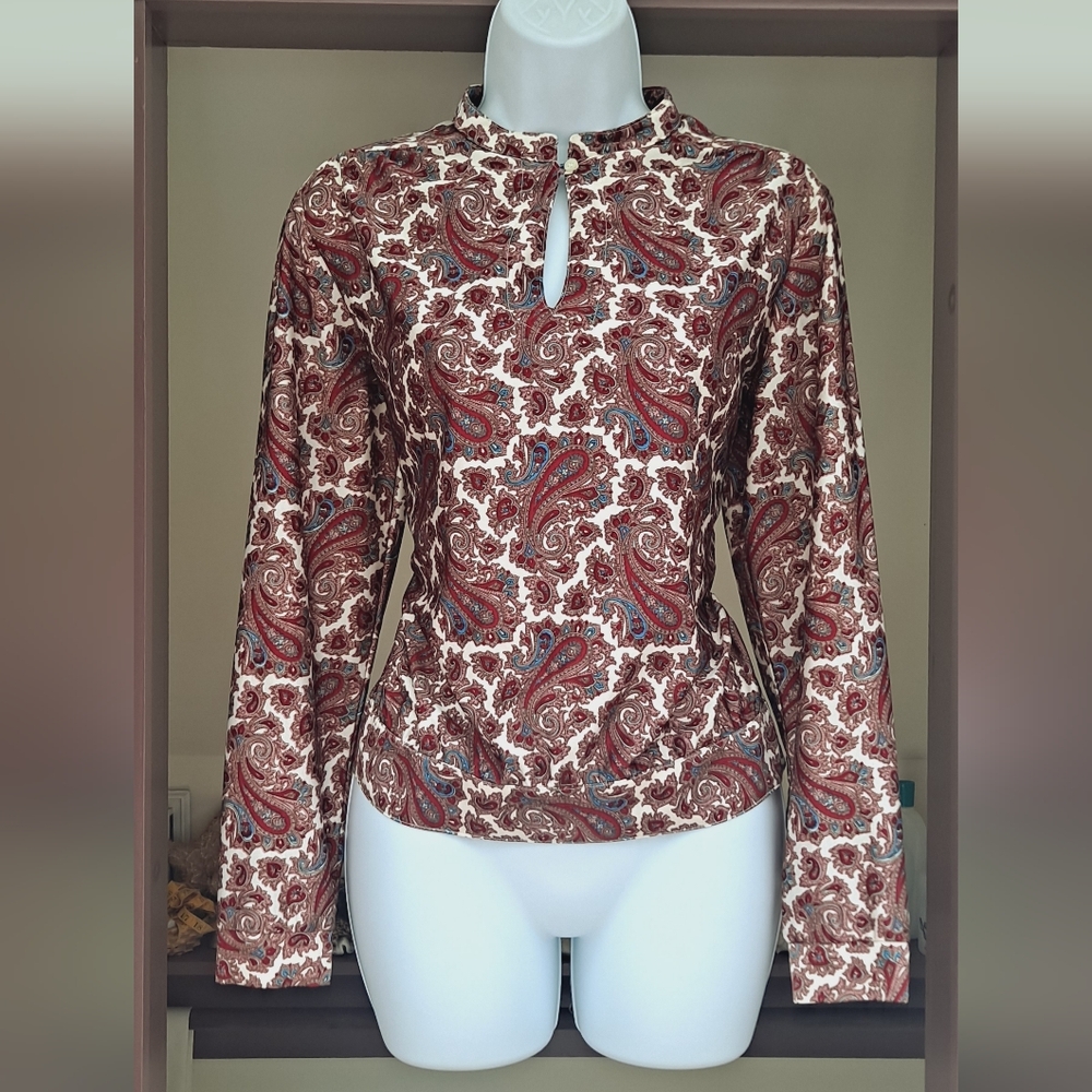 Ship n Shore Vintage 1970s Paisley Blouse Keyhole Neck Cut Out Fall Shirt